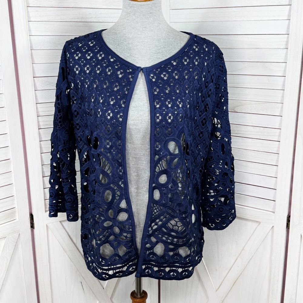 Adore Open Eyelet Lace Topper Cardigan Jacket Navy Blue Medium